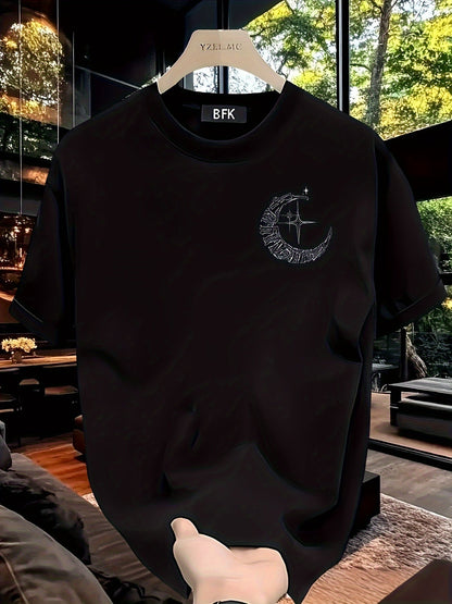 Men’s Heavyweight Pure Cotton Graphic Tee – Crossed Swords & Crescent Moon Design