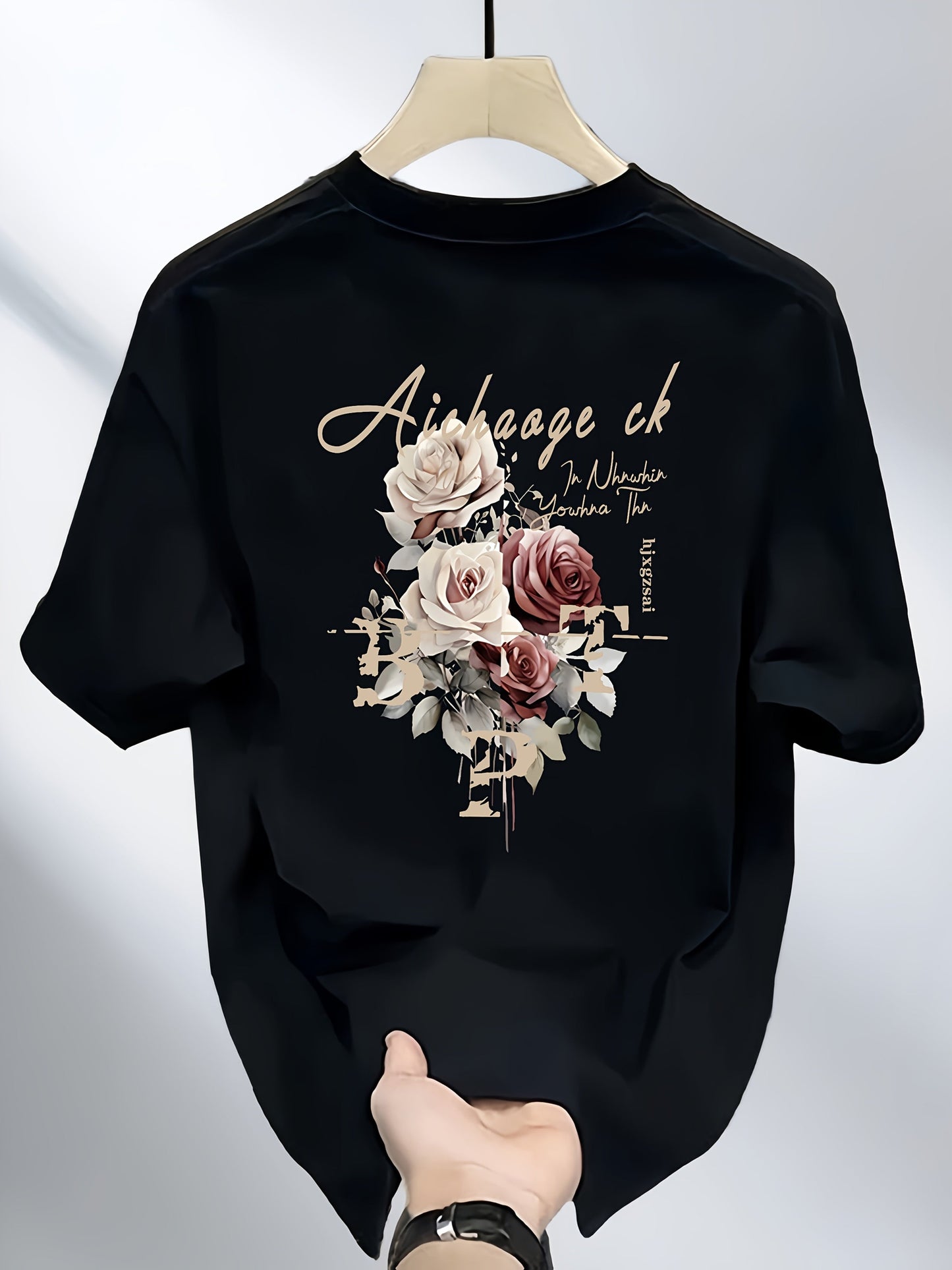 Men's Heavyweight 100% Cotton T-Shirt – Black Hip-Hop Rose & Script Print