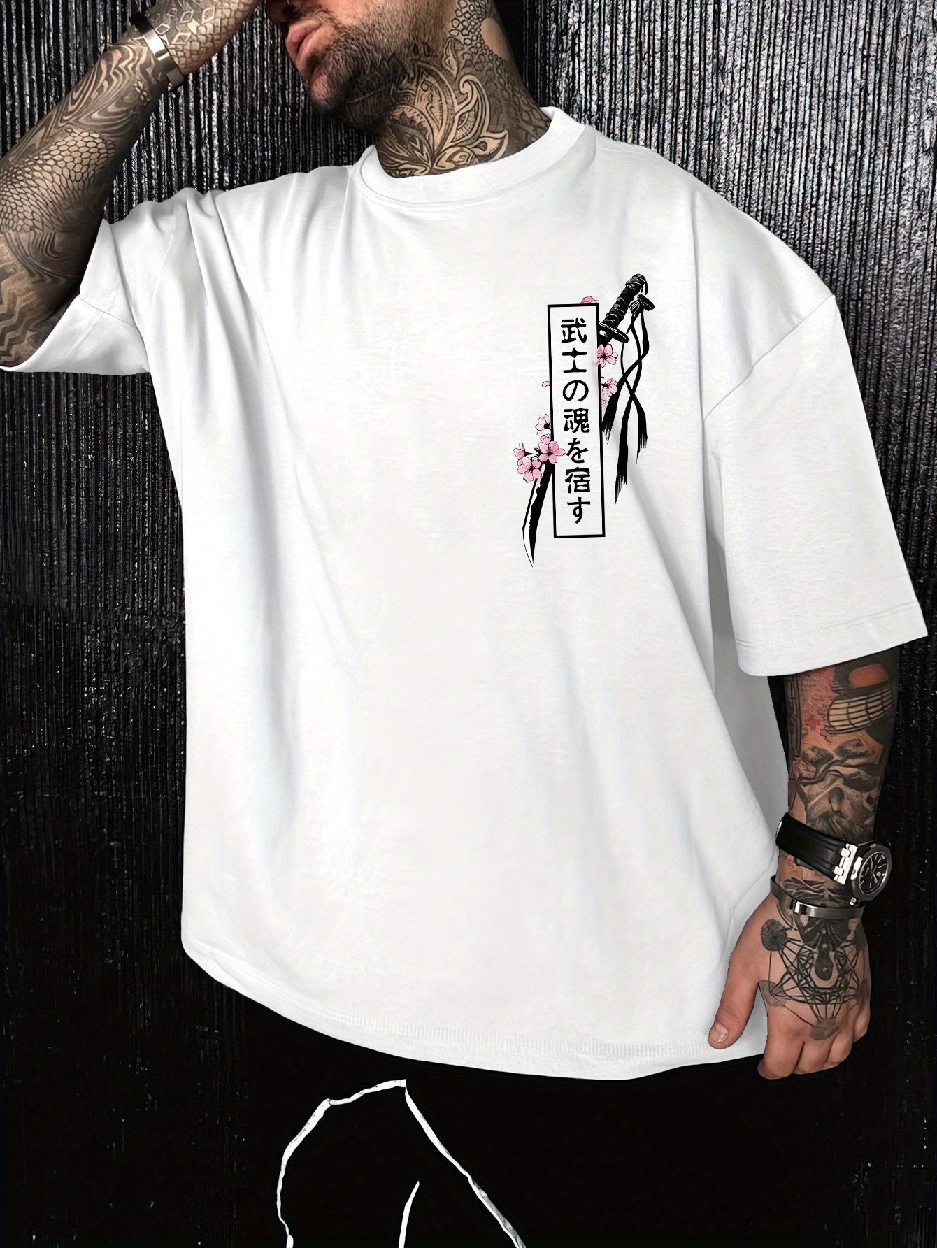 Men’s Casual Japanese Katana & Cherry Blossom Graphic Tee – Loose Fit Summer Fashion