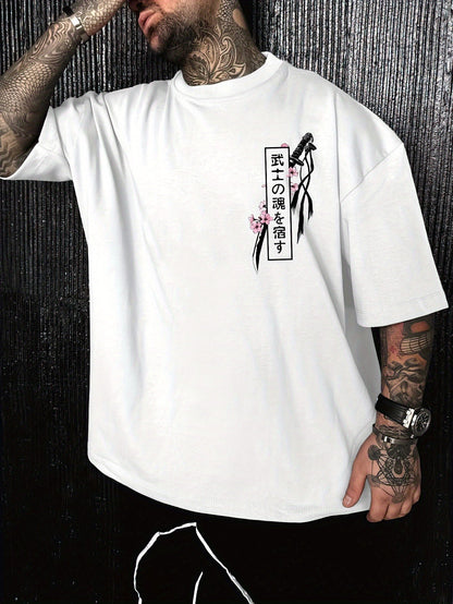 Men’s Casual Japanese Katana & Cherry Blossom Graphic Tee – Loose Fit Summer Fashion