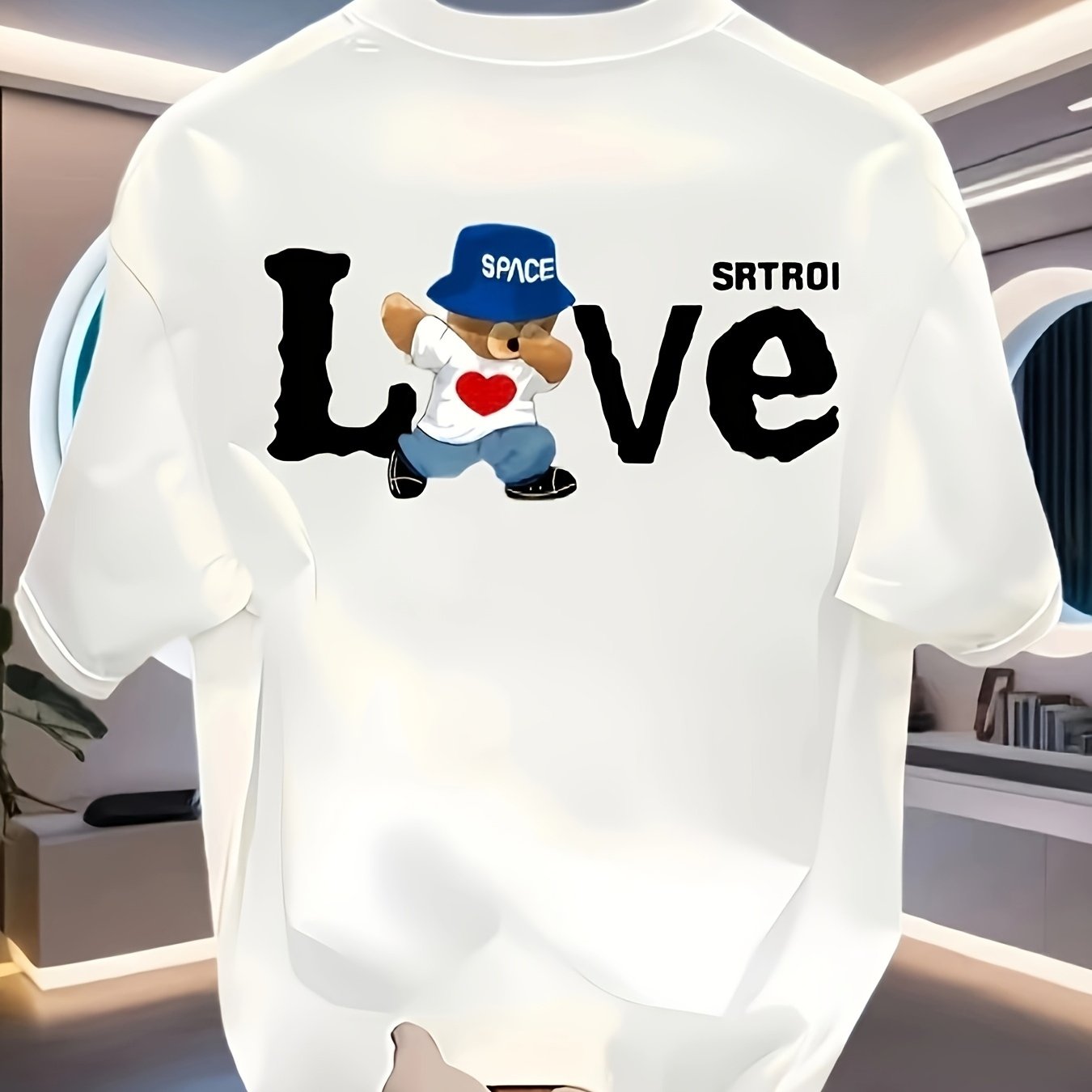 Men’s Retro Cotton T-Shirt – Black “LOVE” Bear Graphic