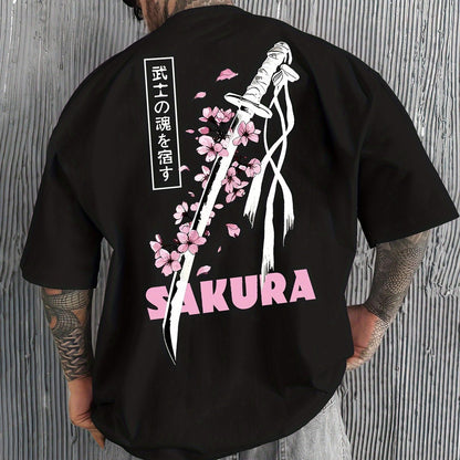Men’s Casual Japanese Katana & Cherry Blossom Graphic Tee – Loose Fit Summer Fashion