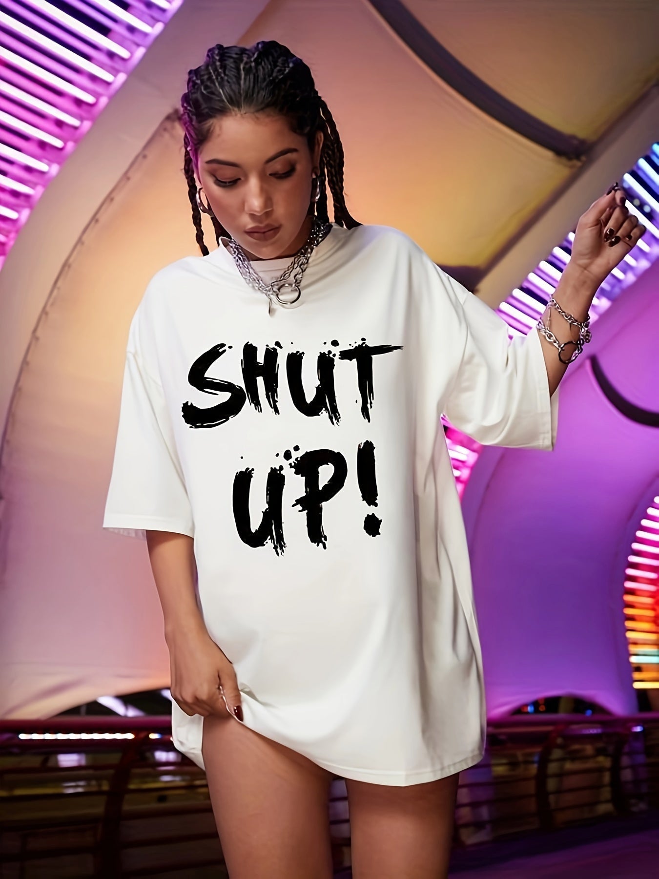 Women's Loose-Fit 'SHUT UP!' Graphic T-Shirt – Black Brushstroke Print