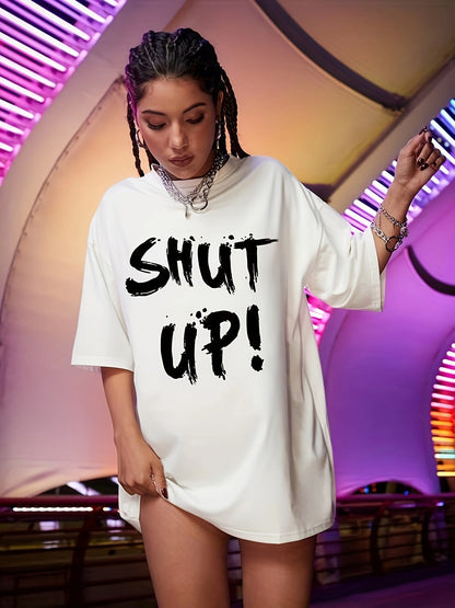Women's Loose-Fit 'SHUT UP!' Graphic T-Shirt – Black Brushstroke Print