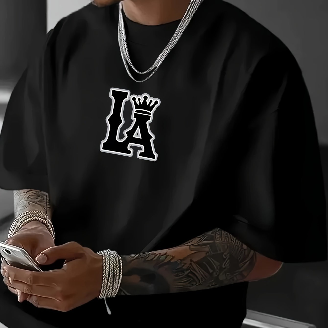Men's Korean Style T-Shirt – LA Crown Graphic, Loose Fit, Summer Casual Tee