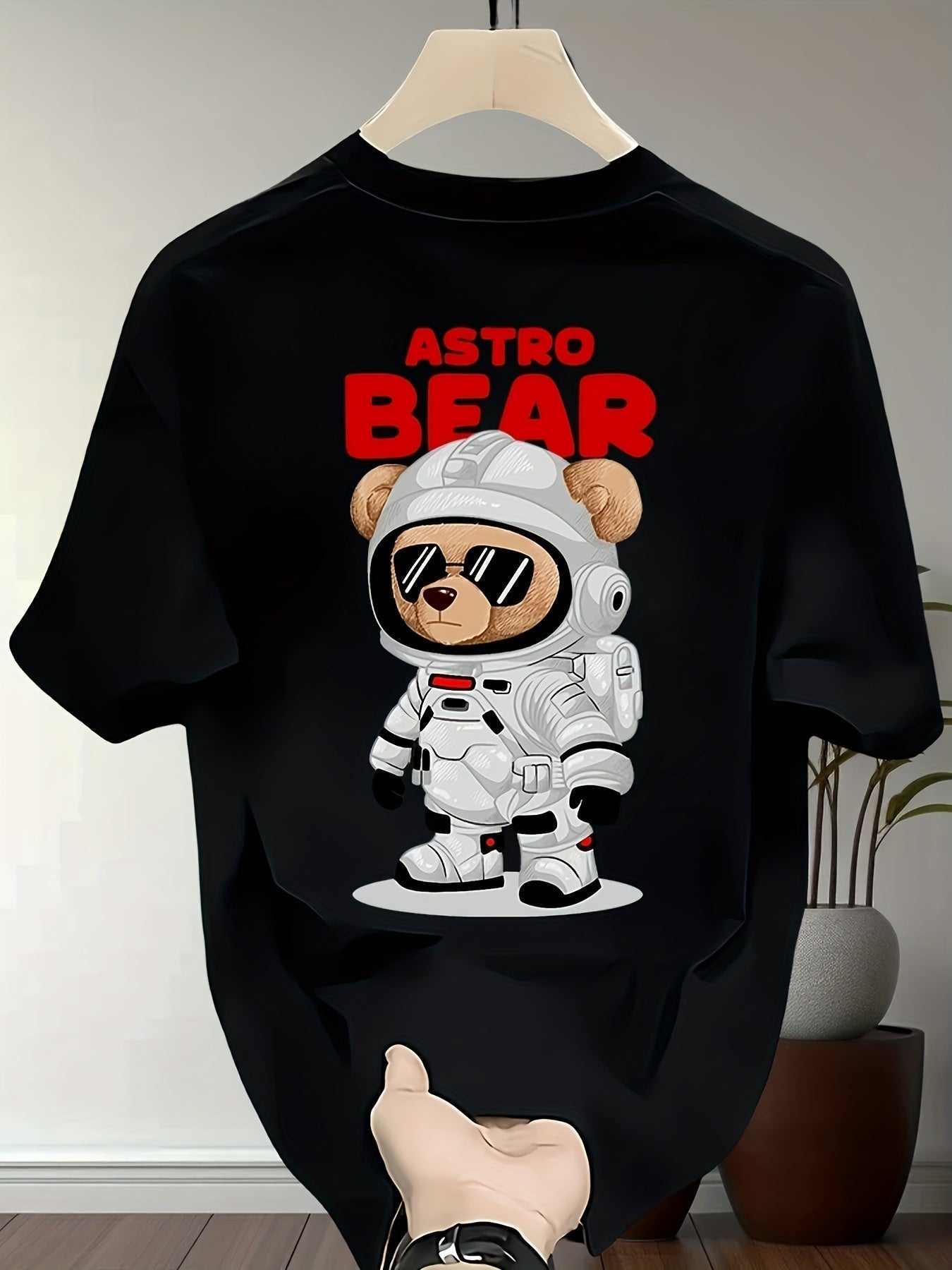 Men's Heavyweight Cotton Astronaut Bear Graphic T-Shirt – Black Oversized Summer Tee