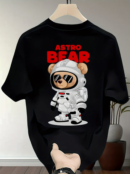 Men's Heavyweight Cotton Astronaut Bear Graphic T-Shirt – Black Oversized Summer Tee