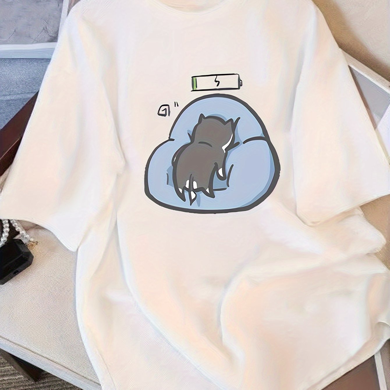 Women's Casual Cotton Cat & Clouds Graphic T-Shirt – Loose Fit White Tee