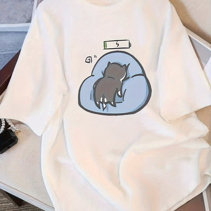 Women's Casual Cotton Cat & Clouds Graphic T-Shirt – Loose Fit White Tee