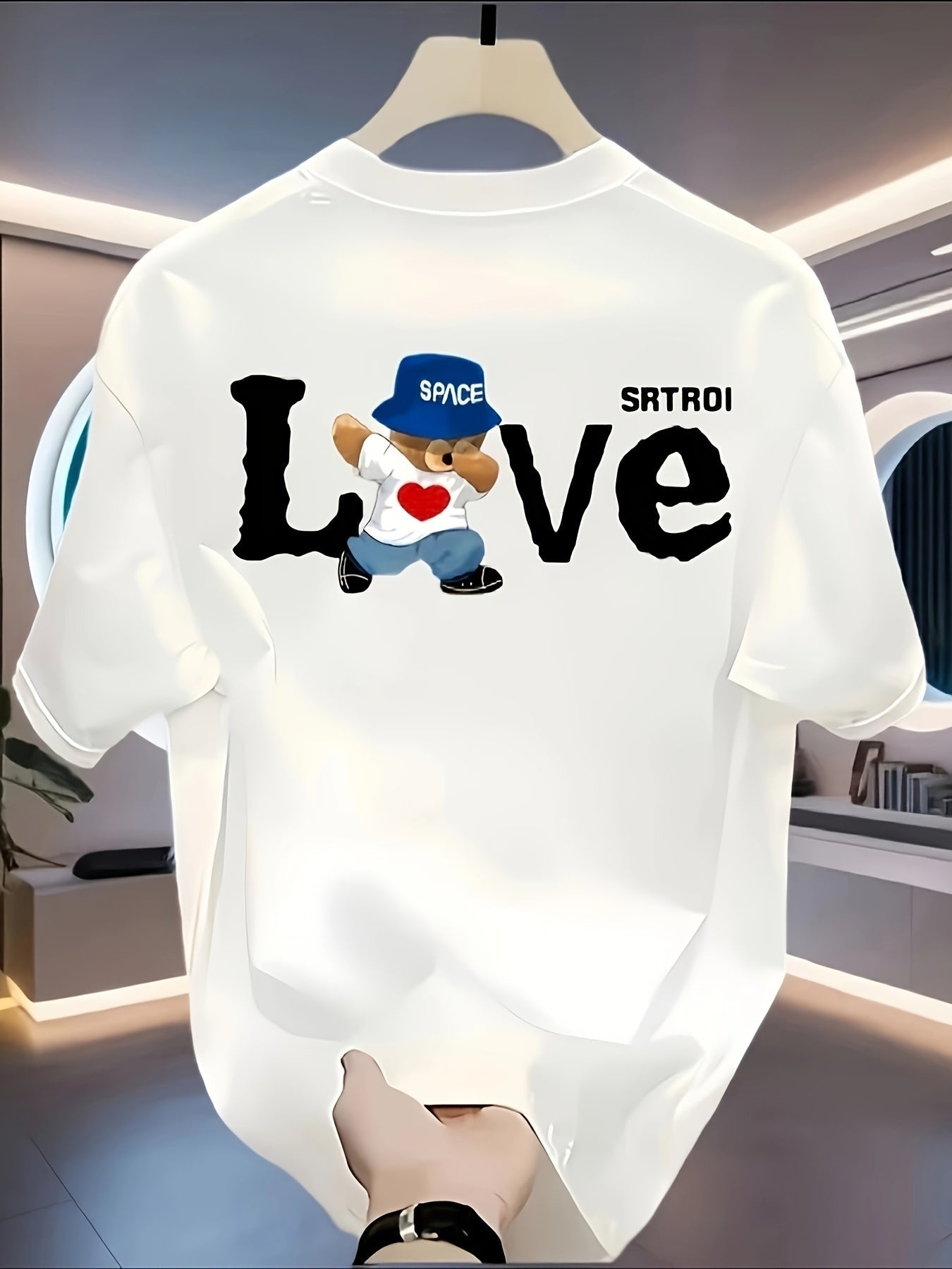 Men’s Retro Cotton T-Shirt – Black “LOVE” Bear Graphic