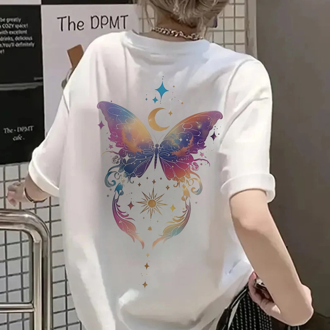 Women’s Casual Short Sleeve T-Shirt – Vibrant Butterfly & Moon Graphic Spring & Summer Everyday Wear