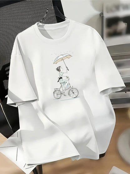 Women's Casual Cotton T-Shirt – Cartoon Bicycle & Umbrella Print