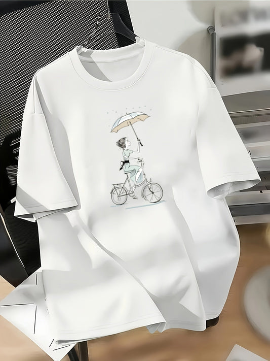 Women's Casual Cotton T-Shirt – Cartoon Bicycle & Umbrella Print