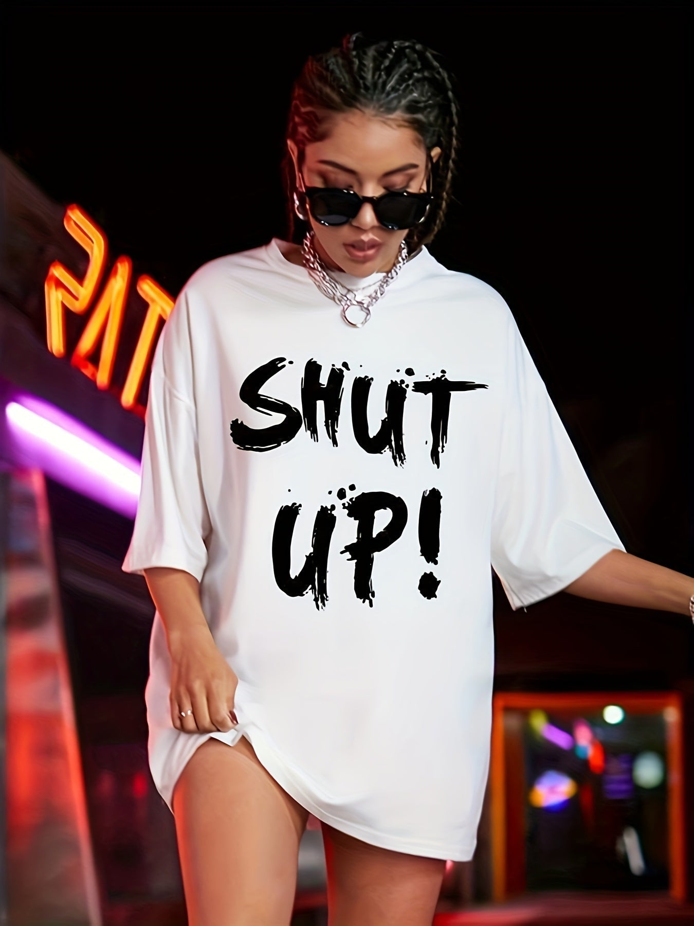 Women's Loose-Fit 'SHUT UP!' Graphic T-Shirt – Black Brushstroke Print