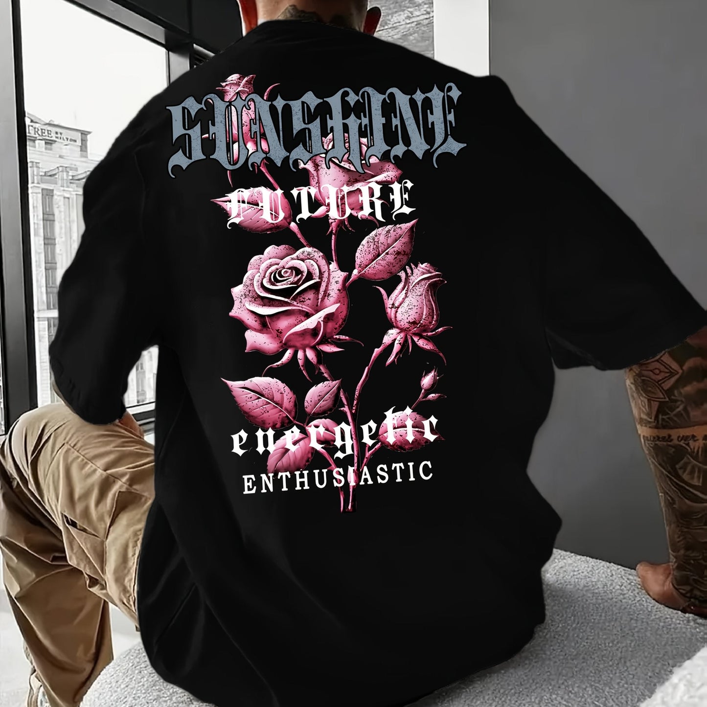 Men’s Casual Short Sleeve T-Shirt – Bold Rose Floral & Motivational Print
