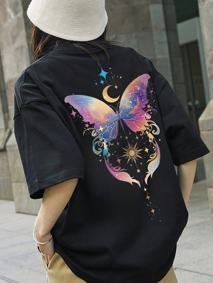 Women’s Casual Short Sleeve T-Shirt – Vibrant Butterfly & Moon Graphic Spring & Summer Everyday Wear