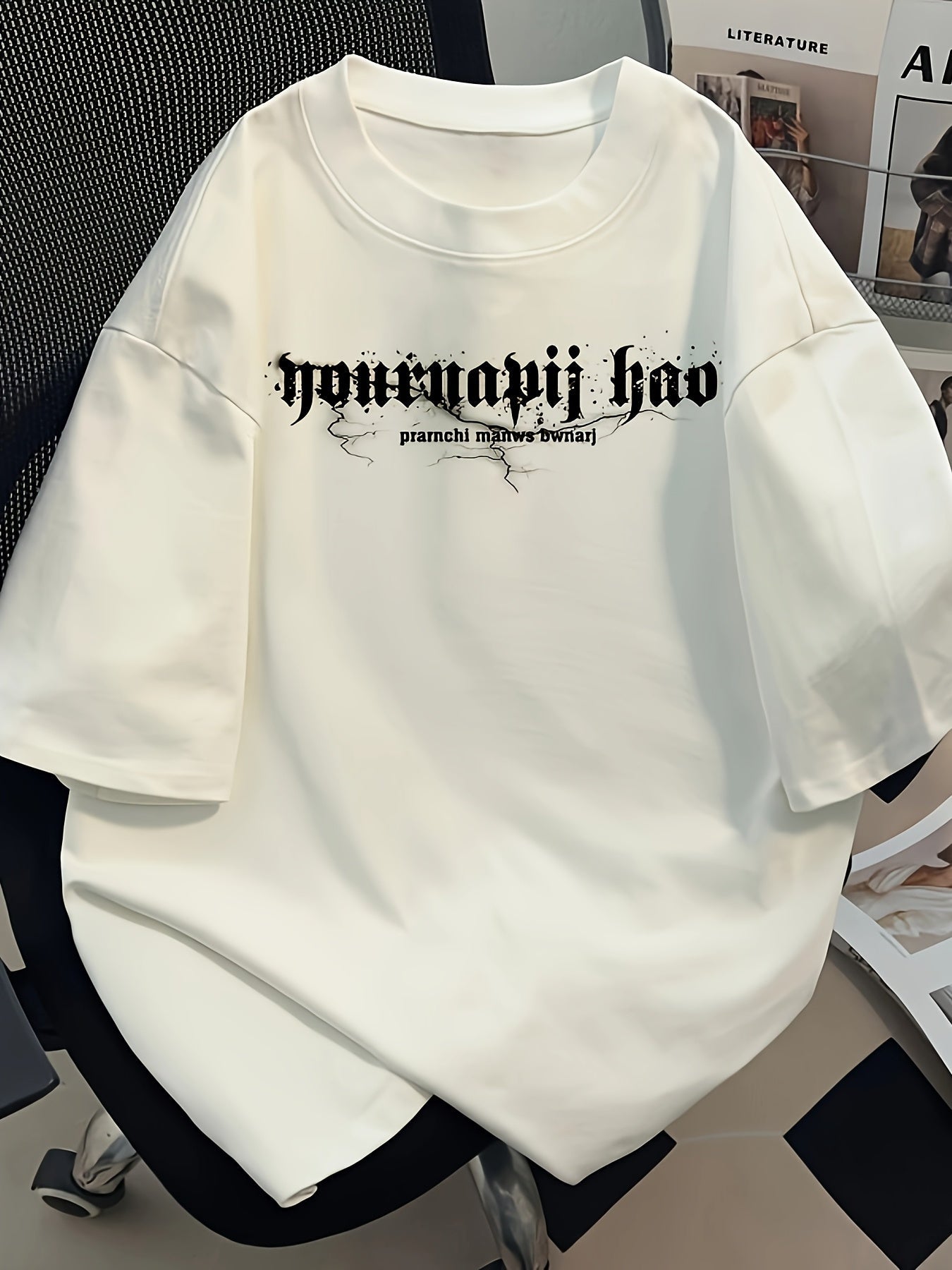 Men's Graphic Cotton Tee – Asymmetric Hem, Loose Fit Streetwear