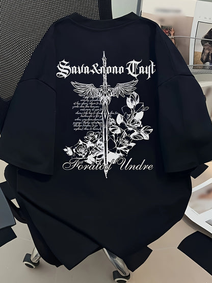 Men's Gothic Eagle T-Shirt – "Savina & Ana Troy" Graphic, Loose Fit, All-Season Comfort