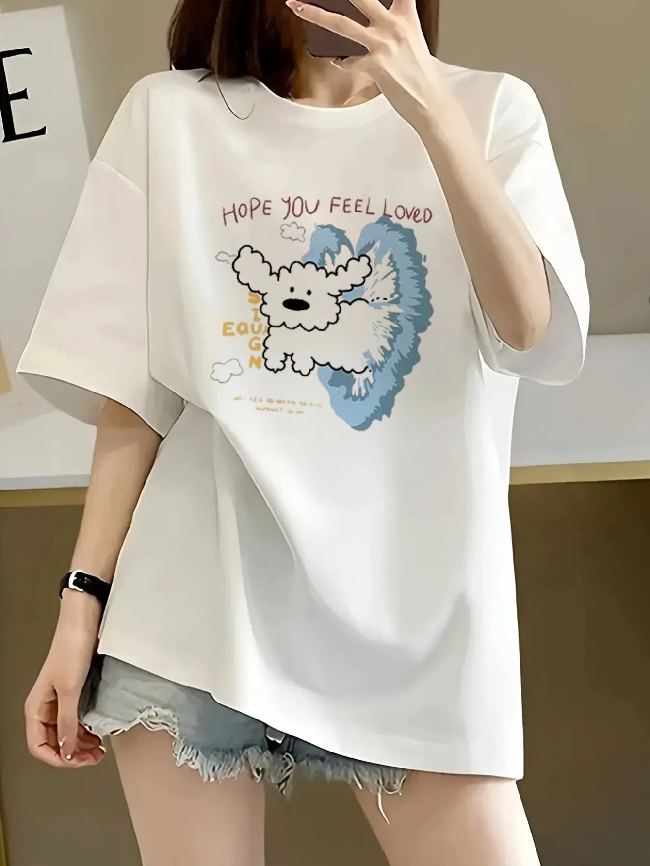 Women's Casual T-Shirt with Cute Cartoon Dog & 'Hope You Feel Loved' Print