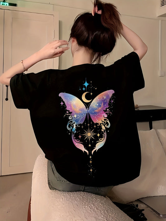 Women’s Casual Short Sleeve T-Shirt – Vibrant Butterfly & Moon Graphic Spring & Summer Everyday Wear