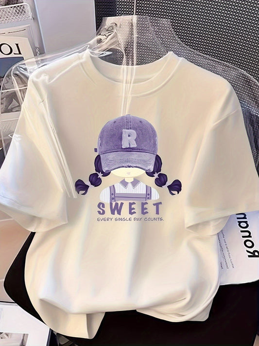 Women's Y2K Oversized Cotton T-Shirt – Purple Cap Cartoon 'SWEET' Print