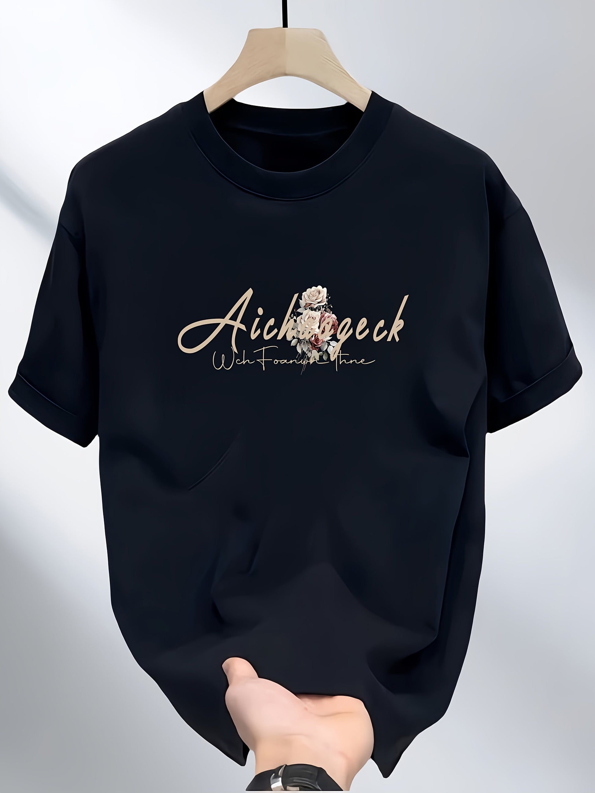 Men's Heavyweight 100% Cotton T-Shirt – Black Hip-Hop Rose & Script Print