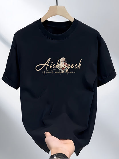 Men's Heavyweight 100% Cotton T-Shirt – Black Hip-Hop Rose & Script Print