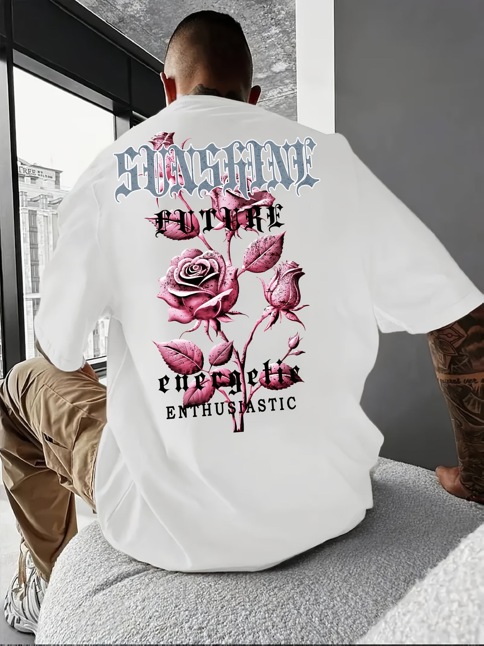 Men’s Casual Short Sleeve T-Shirt – Bold Rose Floral & Motivational Print