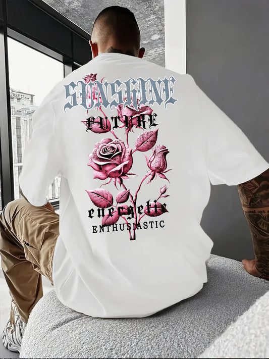 Men’s Casual Short Sleeve T-Shirt – Bold Rose Floral & Motivational Print