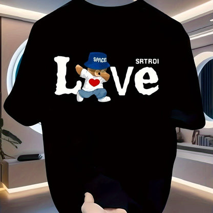 Men’s Retro Cotton T-Shirt – Black “LOVE” Bear Graphic