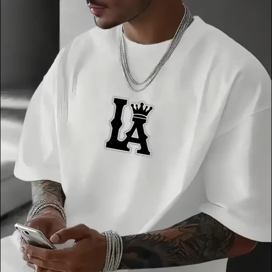 Men's Korean Style T-Shirt – LA Crown Graphic, Loose Fit, Summer Casual Tee