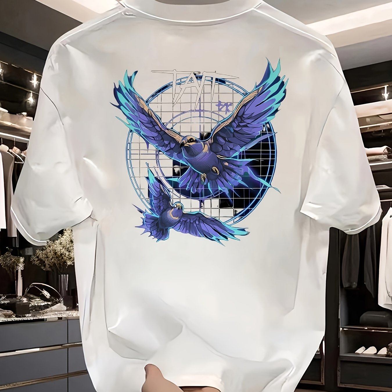 Men’s Black Cotton T-Shirt – Blue & Purple “TAT” Eagle Graphic