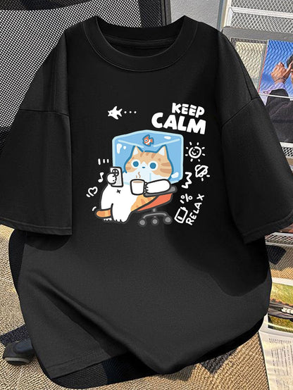 Men's Casual Cotton T-Shirt with Cartoon Cat Print, Summer American Style, Loose Fit, Round Neck, Stretch Fabric, Youth Fashion Top