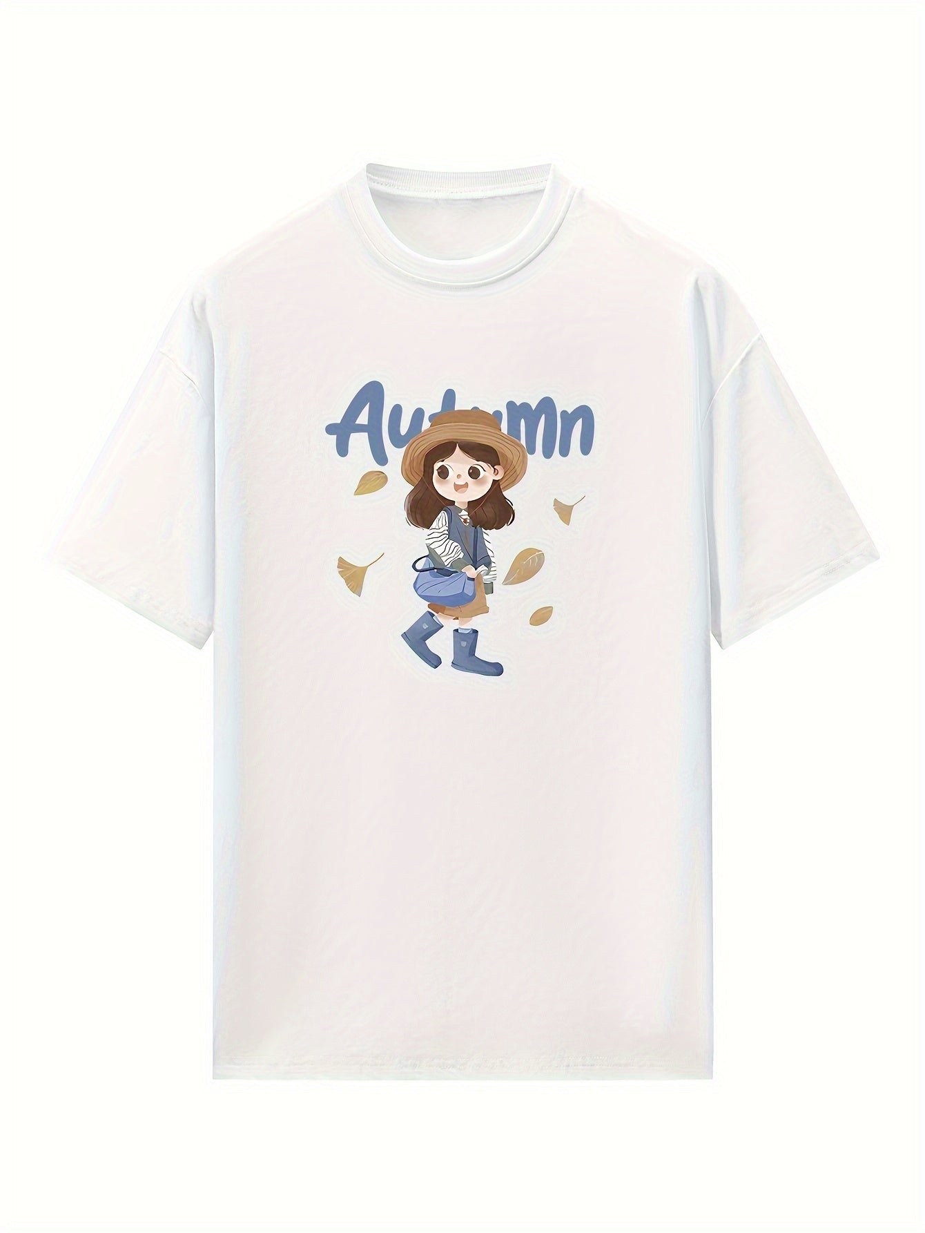Women's White Autumn Graphic T-Shirt - Loose Fit Non-Stretch Blouse, Everyday Casual Tops for Fall & Transitional Seasons, Machine Washable Everyday Shirt, Seasonal Fashion, Round Neck Tee, Breathable Fabric, Printed Blouse,