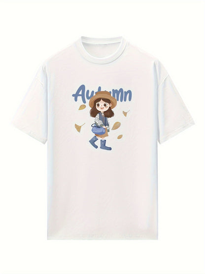 Women's White Autumn Graphic T-Shirt - Loose Fit Non-Stretch Blouse, Everyday Casual Tops for Fall & Transitional Seasons, Machine Washable Everyday Shirt, Seasonal Fashion, Round Neck Tee, Breathable Fabric, Printed Blouse,