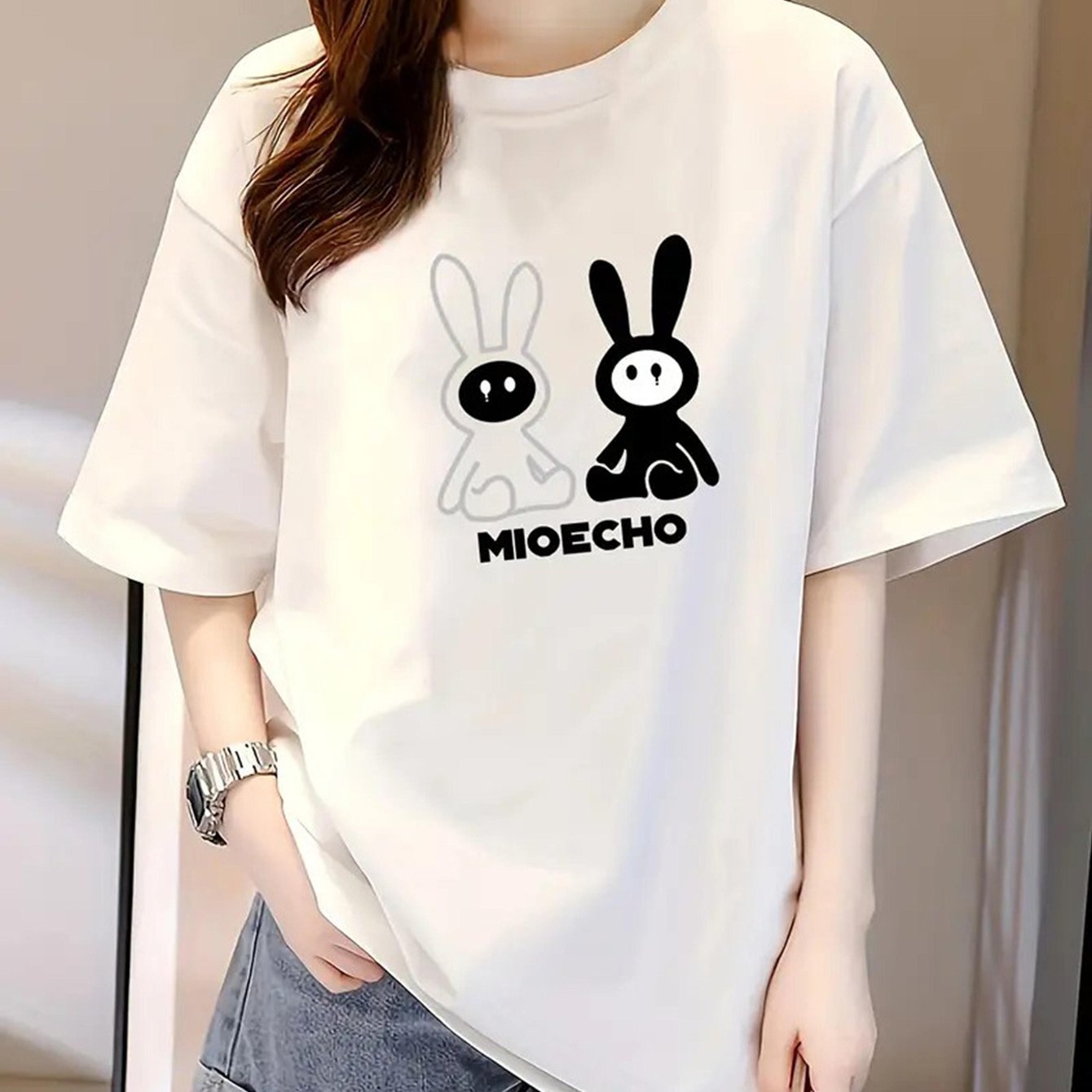 Women's Anime Rabbit Graphic T-Shirt - Cute Bunny Tee with Black Print, Breathable Loose Fit Top for Everyday, Parties, Conventions - Lightweight Spring/Summer Shirt (Machine Washable), Party Outfit, Stretchy Fabric, Streetwe
