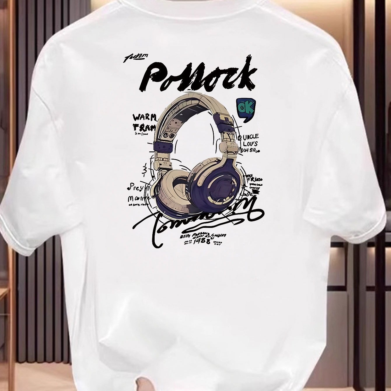 Men'S Cotton Short Sleeve T-Shirt with Headphones Graphic Print- Street Art Graffiti Music Design, Regular Fit Round Neck Summer Casual Tee for Commuting& Casual Attire, Streetwear Fashion, Urban Streetwear, Breathable Fabric