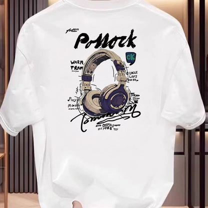Men'S Cotton Short Sleeve T-Shirt with Headphones Graphic Print- Street Art Graffiti Music Design, Regular Fit Round Neck Summer Casual Tee for Commuting& Casual Attire, Streetwear Fashion, Urban Streetwear, Breathable Fabric