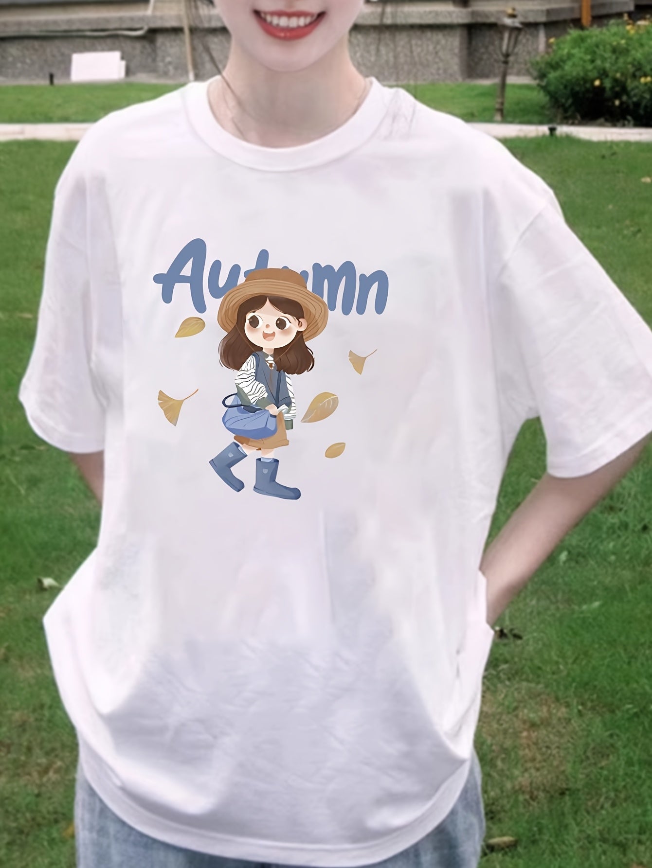 Women's White Autumn Graphic T-Shirt - Loose Fit Non-Stretch Blouse, Everyday Casual Tops for Fall & Transitional Seasons, Machine Washable Everyday Shirt, Seasonal Fashion, Round Neck Tee, Breathable Fabric, Printed Blouse,