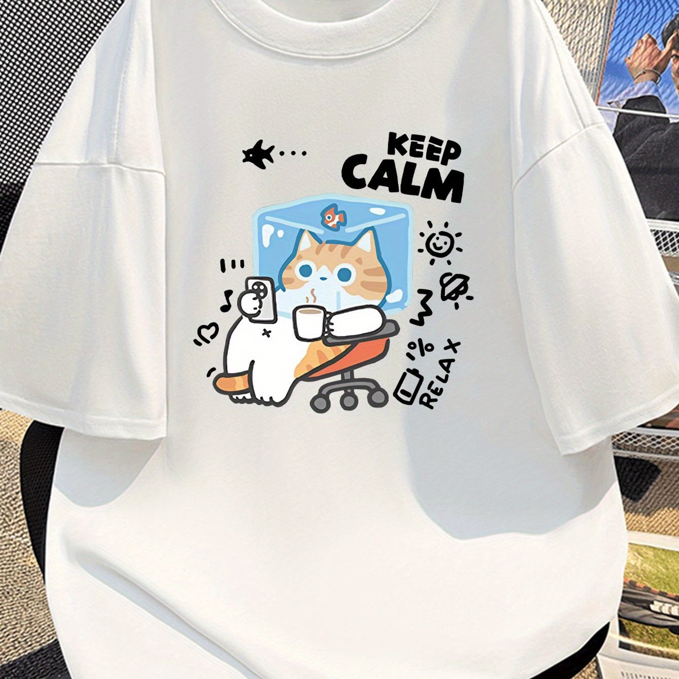 Men's Casual Cotton T-Shirt with Cartoon Cat Print, Summer American Style, Loose Fit, Round Neck, Stretch Fabric, Youth Fashion Top