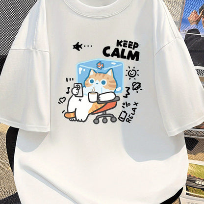 Men's Casual Cotton T-Shirt with Cartoon Cat Print, Summer American Style, Loose Fit, Round Neck, Stretch Fabric, Youth Fashion Top