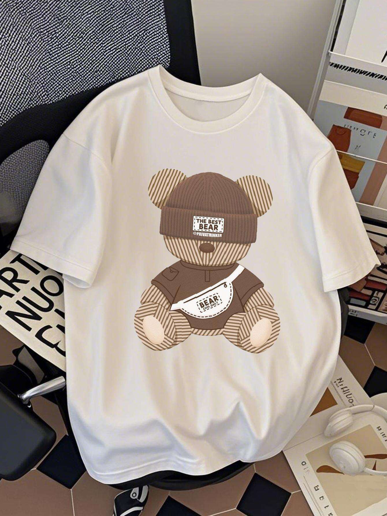 Men's Relaxed Fit Cotton Teddy Bear Graphic T-Shirt – Summer Streetwear Tee