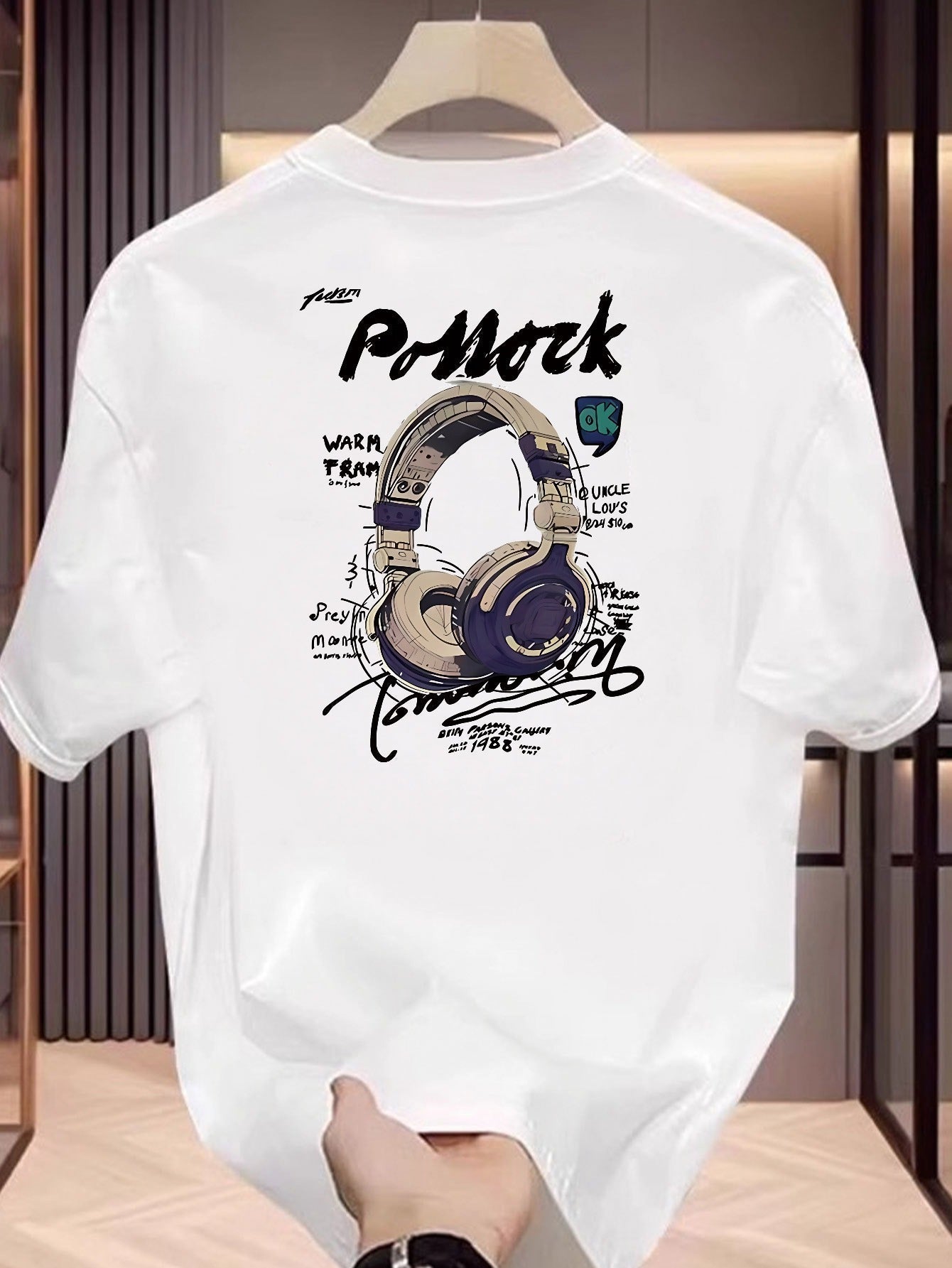 Men'S Cotton Short Sleeve T-Shirt with Headphones Graphic Print- Street Art Graffiti Music Design, Regular Fit Round Neck Summer Casual Tee for Commuting& Casual Attire, Streetwear Fashion, Urban Streetwear, Breathable Fabric