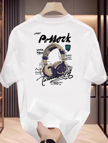 Men'S Cotton Short Sleeve T-Shirt with Headphones Graphic Print- Street Art Graffiti Music Design, Regular Fit Round Neck Summer Casual Tee for Commuting& Casual Attire, Streetwear Fashion, Urban Streetwear, Breathable Fabric