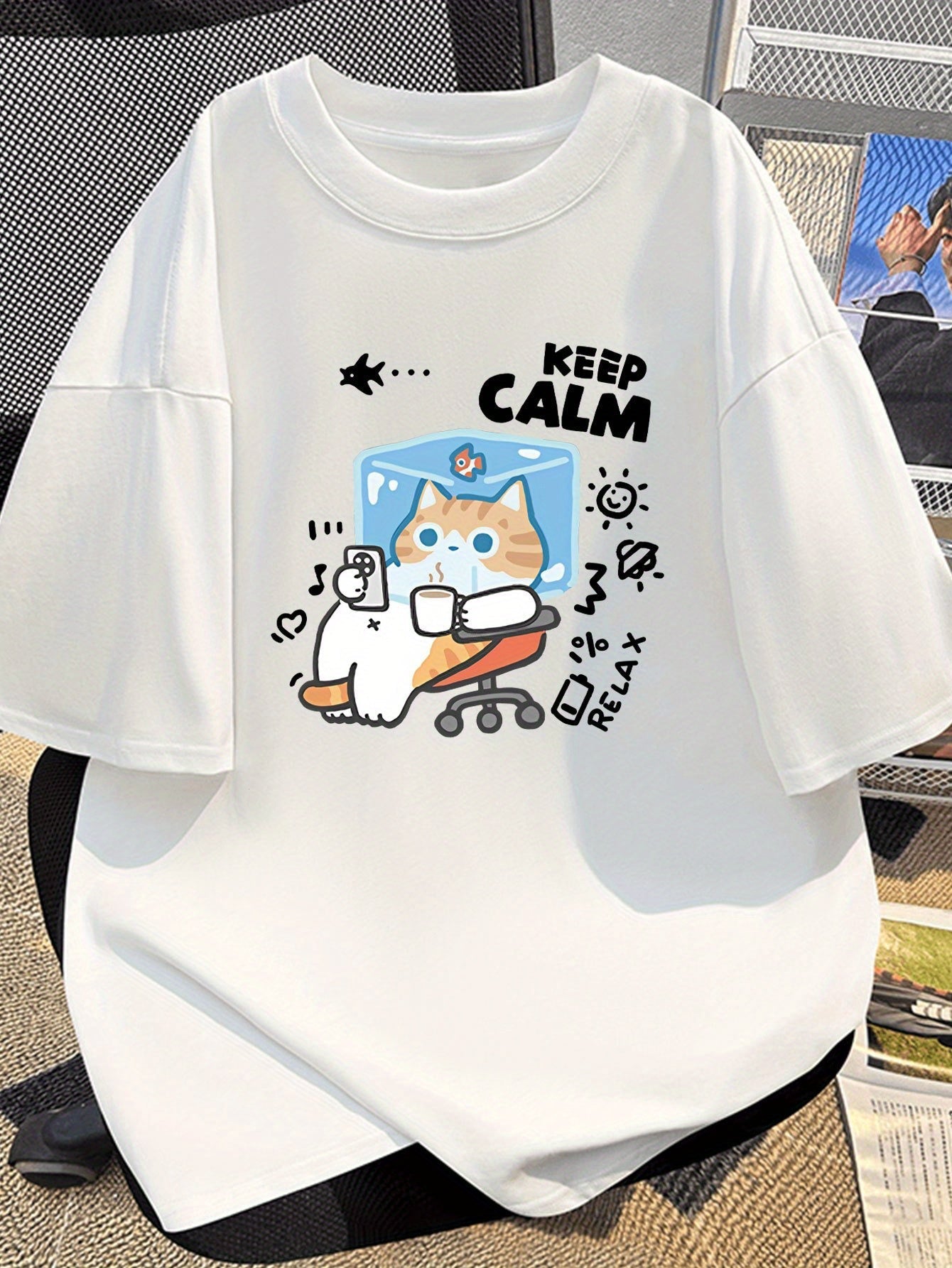 Men's Casual Cotton T-Shirt with Cartoon Cat Print, Summer American Style, Loose Fit, Round Neck, Stretch Fabric, Youth Fashion Top
