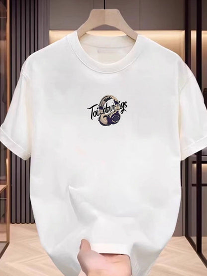 Men'S Cotton Short Sleeve T-Shirt with Headphones Graphic Print- Street Art Graffiti Music Design, Regular Fit Round Neck Summer Casual Tee for Commuting& Casual Attire, Streetwear Fashion, Urban Streetwear, Breathable Fabric