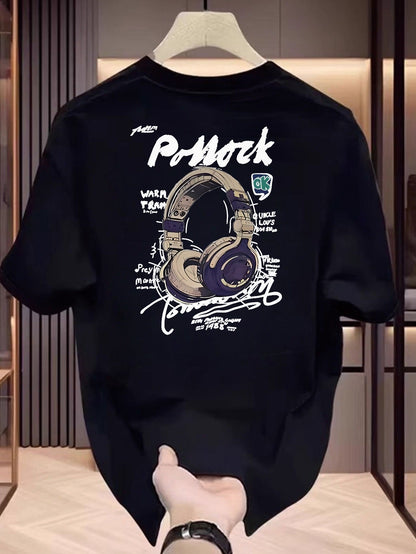 Men'S Cotton Short Sleeve T-Shirt with Headphones Graphic Print- Street Art Graffiti Music Design, Regular Fit Round Neck Summer Casual Tee for Commuting& Casual Attire, Streetwear Fashion, Urban Streetwear, Breathable Fabric
