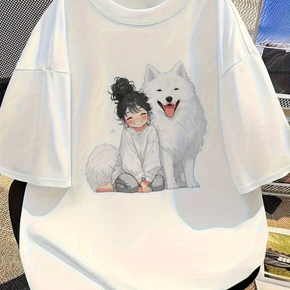 Oversized Samoyed Dog Cartoon Graphic T-Shirt – Cute Casual Streetwear Tee