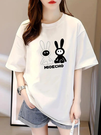 Women's Anime Rabbit Graphic T-Shirt - Cute Bunny Tee with Black Print, Breathable Loose Fit Top for Everyday, Parties, Conventions - Lightweight Spring/Summer Shirt (Machine Washable), Party Outfit, Stretchy Fabric, Streetwe