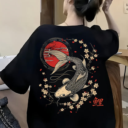Women's Loose Fit T-Shirt – Black Koi Fish & Cherry Blossom Print